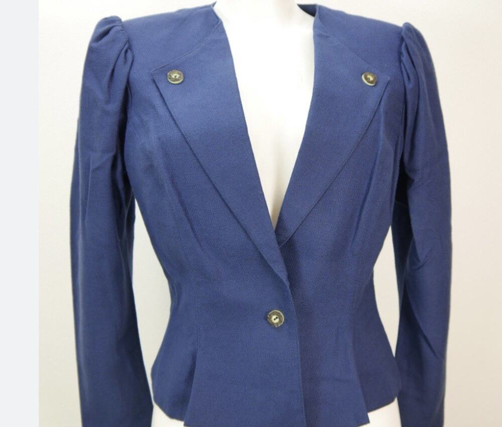 Vtg 80's Linen German Trachten Peplum jacket blazer puffed shoulder M/L 10/12